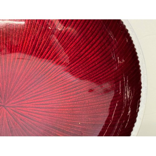 54 - Mid Century modern, textured aluminium bowl with candy red enamelling to the interior.

This lot is ... 