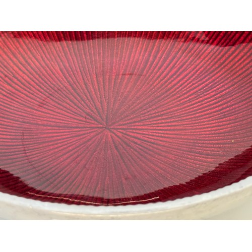 54 - Mid Century modern, textured aluminium bowl with candy red enamelling to the interior.

This lot is ... 