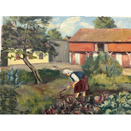 122 - C20th century naive art, an oil on canvas painting of a woman tending her vegetable plot. 45cm x 35 ... 