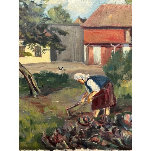 122 - C20th century naive art, an oil on canvas painting of a woman tending her vegetable plot. 45cm x 35 ... 