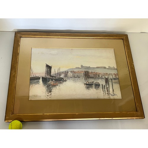 123 - Early C20th century naïve art, a watercolour painting of Whitby in Yorkshire, unsigned but framed an... 