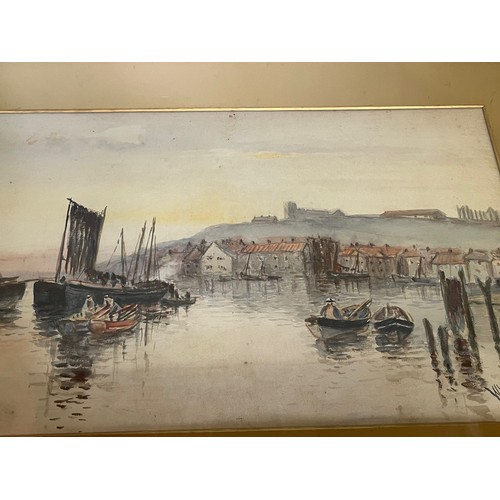 123 - Early C20th century naïve art, a watercolour painting of Whitby in Yorkshire, unsigned but framed an... 