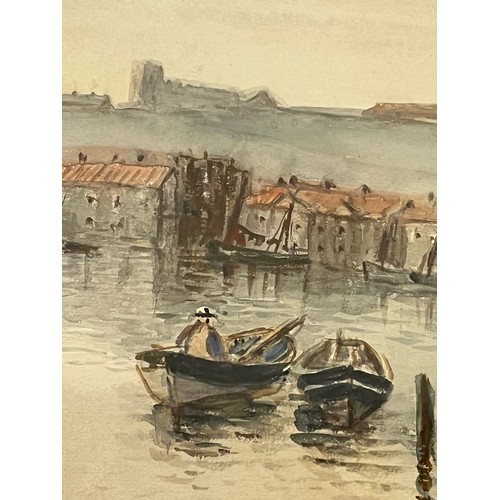 123 - Early C20th century naïve art, a watercolour painting of Whitby in Yorkshire, unsigned but framed an... 