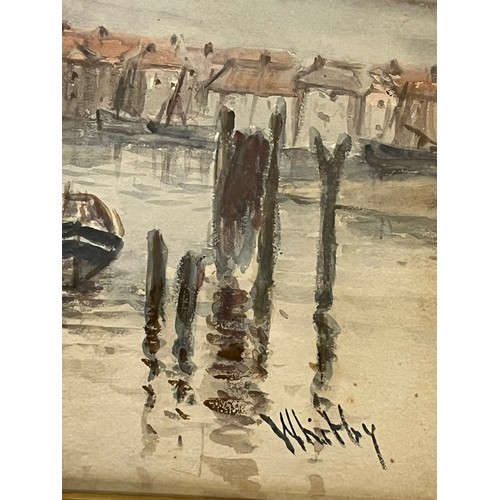 123 - Early C20th century naïve art, a watercolour painting of Whitby in Yorkshire, unsigned but framed an... 