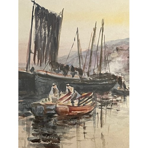 123 - Early C20th century naïve art, a watercolour painting of Whitby in Yorkshire, unsigned but framed an... 