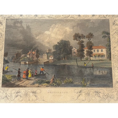 341 - Four hand coloured C19th etchings, scenes of Shepperton Bray Hedsor and Chertsey Bridge.

This lot i... 