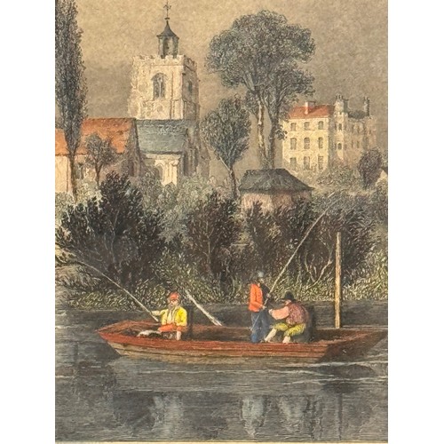 341 - Four hand coloured C19th etchings, scenes of Shepperton Bray Hedsor and Chertsey Bridge.

This lot i... 