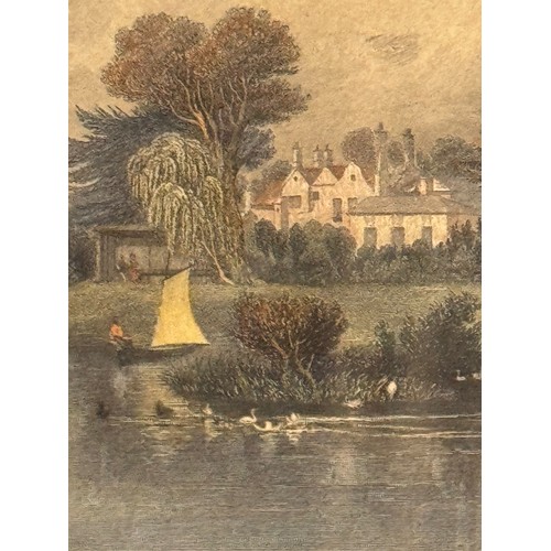 341 - Four hand coloured C19th etchings, scenes of Shepperton Bray Hedsor and Chertsey Bridge.

This lot i... 