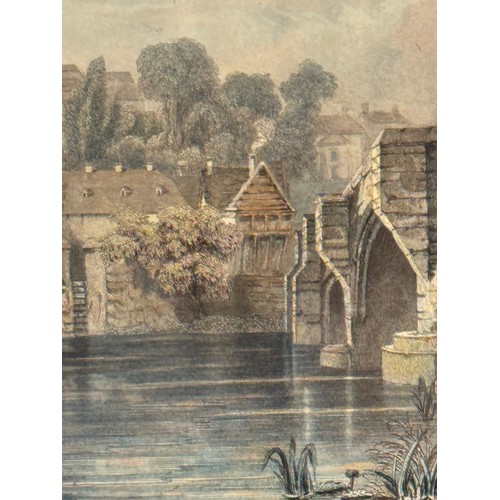 342 - Five hand coloured C19th century etchings, scenes of Kent, Wouldham Church, Aylesford, Teeston Bridg... 