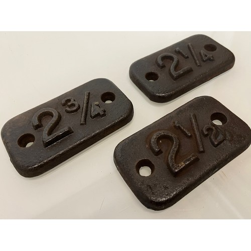 220 - Three cast iron Railway marker plates. 2 ¼  2 ½. 2 ¾

This lot is available for in-house shipping