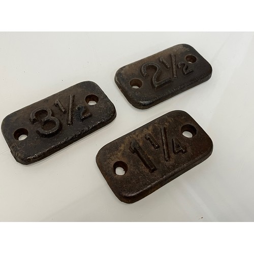 221 - Three cast iron Railway marker plates. 1 ¼  2 ½. 3 ½ 

This lot is available for in-house shipping