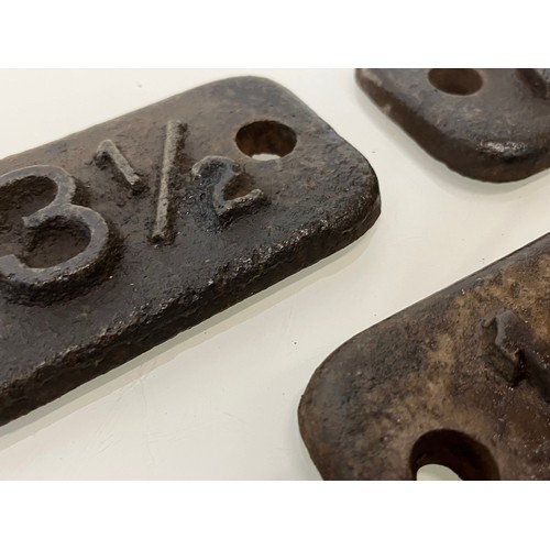 221 - Three cast iron Railway marker plates. 1 ¼  2 ½. 3 ½ 

This lot is available for in-house shipping