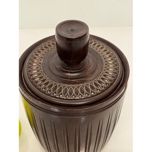 362 - Treen, C20th designer lidded pot, turned hardwood container with carved decoration, 14 cm diameter x... 