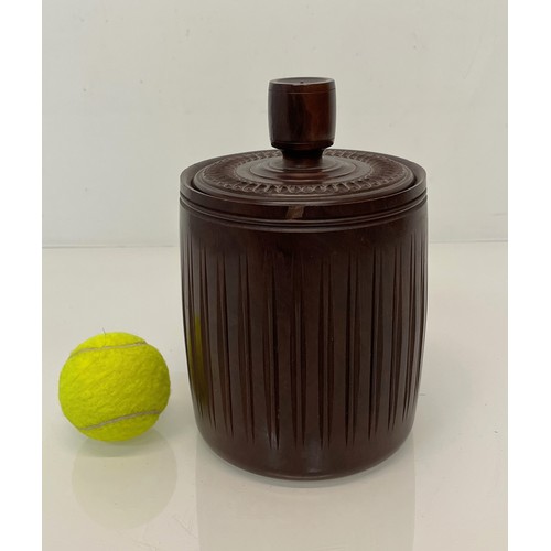 362 - Treen, C20th designer lidded pot, turned hardwood container with carved decoration, 14 cm diameter x... 