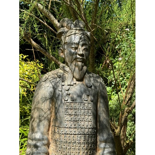 377 - Architectural garden statue, a Chinese terracotta army statue of a General 140 cm tall x 40 cm.

Thi... 