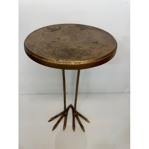 57 - Mid century modern furniture, brass side table raised on a pair of cast birds legs, 33 cm dia x 56 c... 