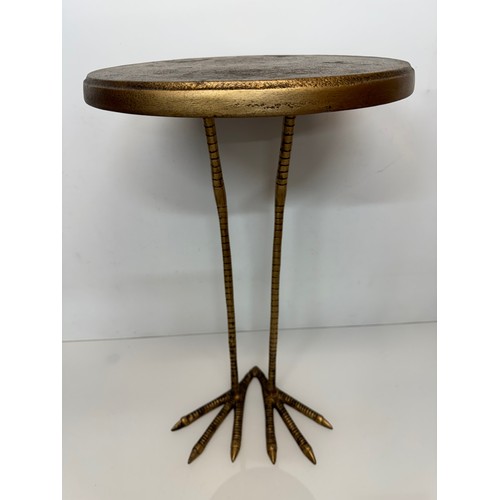 57 - Mid century modern furniture, brass side table raised on a pair of cast birds legs, 33 cm dia x 56 c... 