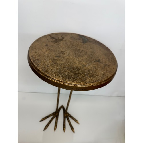 57 - Mid century modern furniture, brass side table raised on a pair of cast birds legs, 33 cm dia x 56 c... 