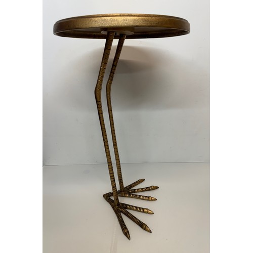 57 - Mid century modern furniture, brass side table raised on a pair of cast birds legs, 33 cm dia x 56 c... 