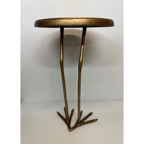 57 - Mid century modern furniture, brass side table raised on a pair of cast birds legs, 33 cm dia x 56 c... 