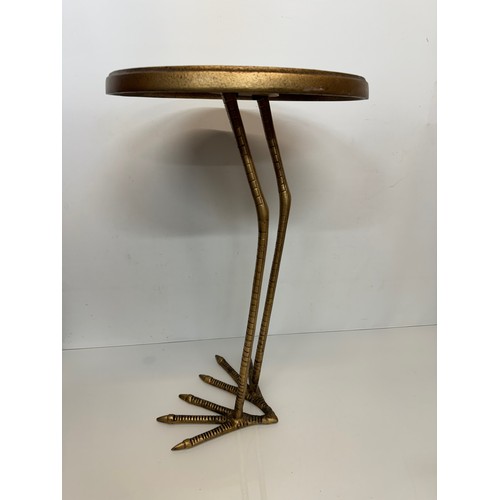 57 - Mid century modern furniture, brass side table raised on a pair of cast birds legs, 33 cm dia x 56 c... 