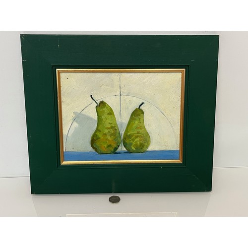 255 - Framed late C20th oil on board study titled Pears Almost Touching, by Mike Bibby, 37 cm x 43 cm.

Th... 