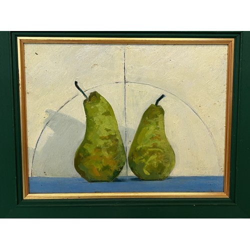 255 - Framed late C20th oil on board study titled Pears Almost Touching, by Mike Bibby, 37 cm x 43 cm.

Th... 