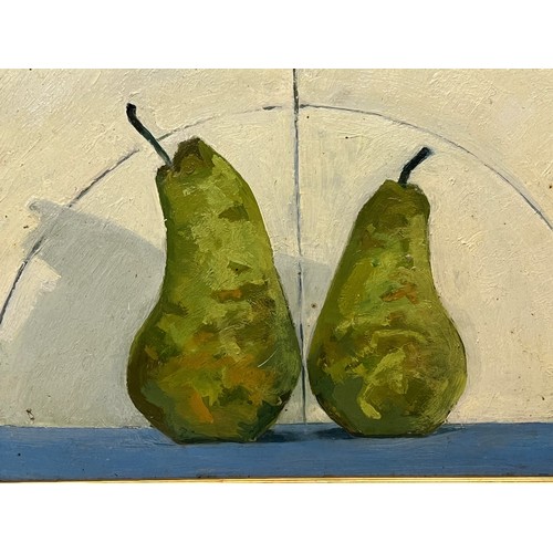 255 - Framed late C20th oil on board study titled Pears Almost Touching, by Mike Bibby, 37 cm x 43 cm.

Th... 