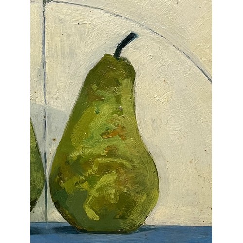 255 - Framed late C20th oil on board study titled Pears Almost Touching, by Mike Bibby, 37 cm x 43 cm.

Th... 