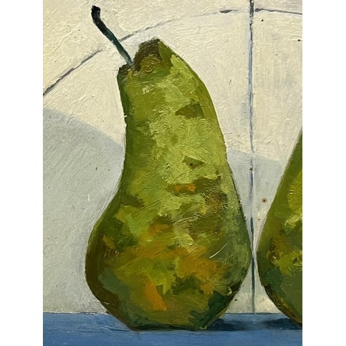 255 - Framed late C20th oil on board study titled Pears Almost Touching, by Mike Bibby, 37 cm x 43 cm.

Th... 