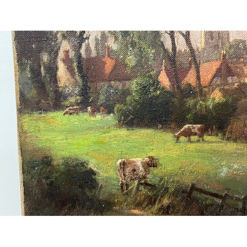 256 - Unframed  C19th oil on canvas of a English rural landscape signed WJR, 16 inches x 12 inches, a/f .
... 