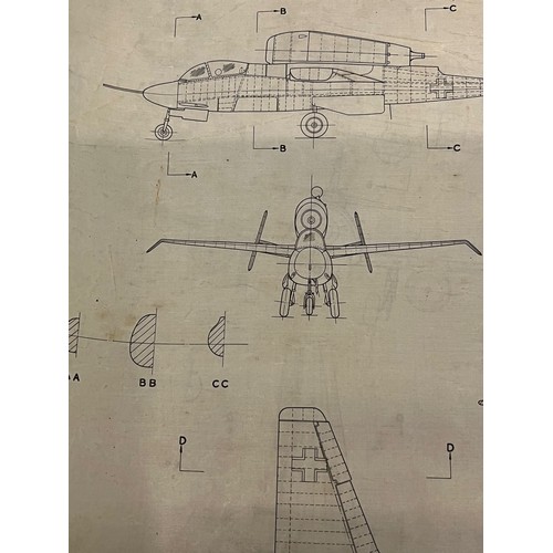 484 - Militaria, WWII, Aeronautical Aviation interest Plan drawings on linen of a Heinkel He 162A, 1 off 2... 