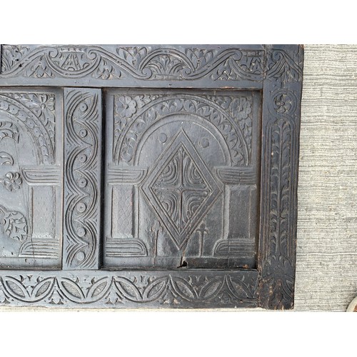 181 - Three section carved oak furniture panel. 147 cm x 62 cm.

This lot is collection only.