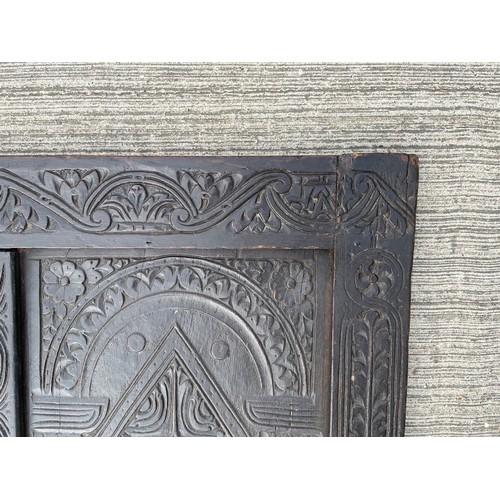 181 - Three section carved oak furniture panel. 147 cm x 62 cm.

This lot is collection only.