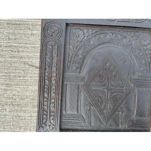 181 - Three section carved oak furniture panel. 147 cm x 62 cm.

This lot is collection only.