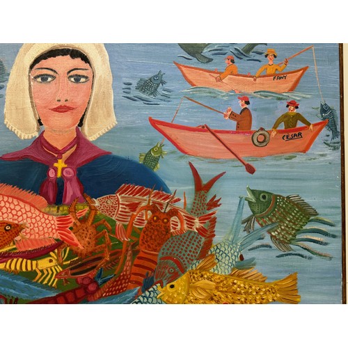 1 - Mid century art, a naive folk art study titled La Poissoniere by Roger Boissier, active on Cote D'Az... 