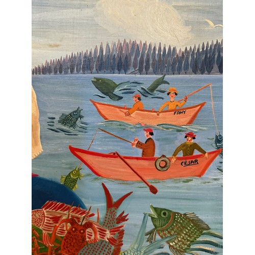 1 - Mid century art, a naive folk art study titled La Poissoniere by Roger Boissier, active on Cote D'Az... 