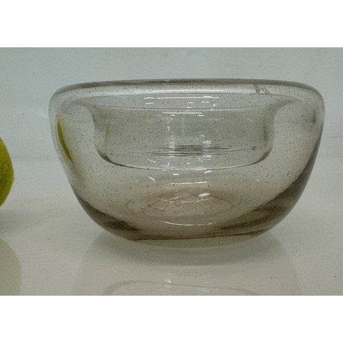 73 - Continental speckled glass bowl with a deep internal hanging lip, signed to the base.

This lot is a... 