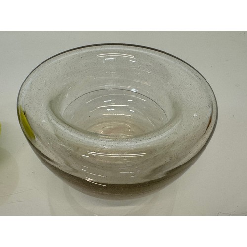 73 - Continental speckled glass bowl with a deep internal hanging lip, signed to the base.

This lot is a... 