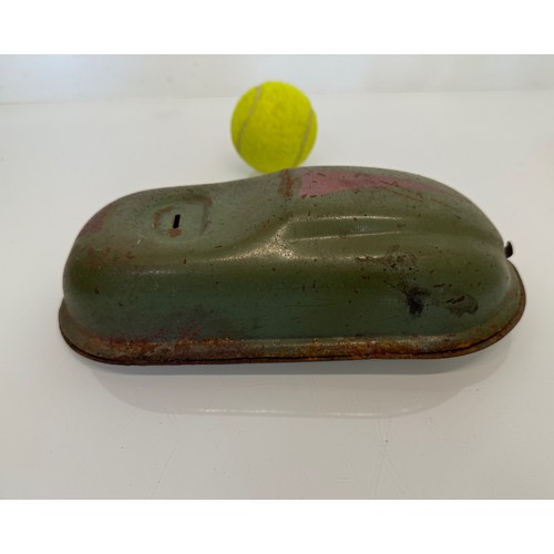 239 - Tin plate toy bumper car, with clockwork drive mechanism. 25 cm long, x 11 cm x 7 cm tall. a/f

This... 