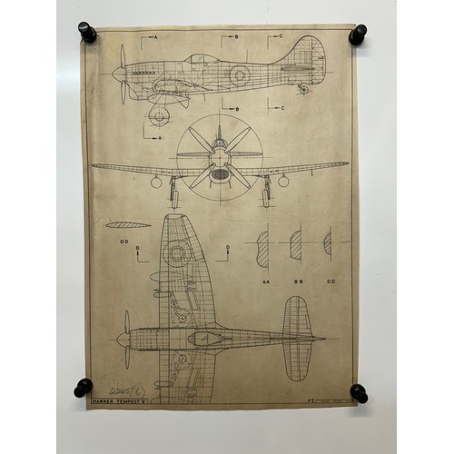 448 - Military aircraft plans for RAF Hawker Tempest V. 90cm x 40cm. Part of a large collection of printed... 