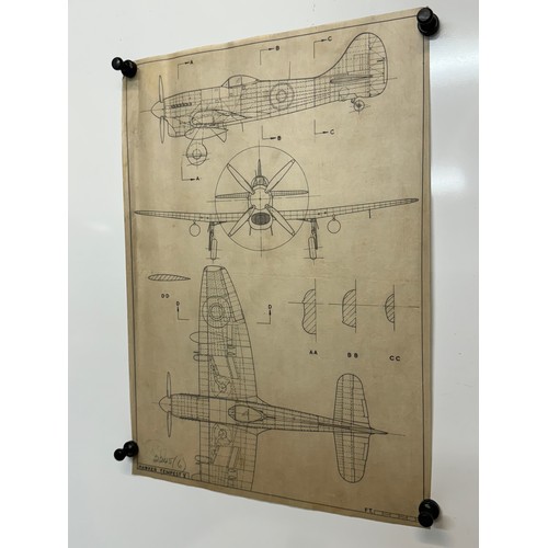 448 - Military aircraft plans for RAF Hawker Tempest V. 90cm x 40cm. Part of a large collection of printed... 