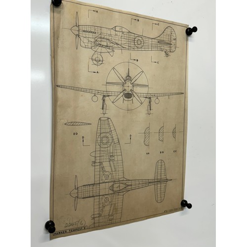 448 - Military aircraft plans for RAF Hawker Tempest V. 90cm x 40cm. Part of a large collection of printed... 