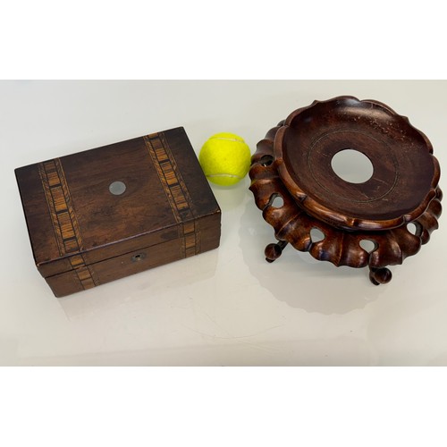 404 - Oriental carved wooden stand 23 cm diameter and 12 cm high a/f and an inlaid box  20 cm x 13 cm x 9 ... 