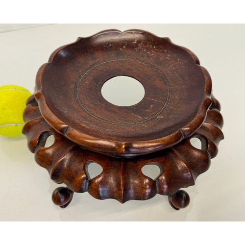 404 - Oriental carved wooden stand 23 cm diameter and 12 cm high a/f and an inlaid box  20 cm x 13 cm x 9 ... 