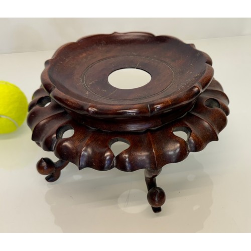 404 - Oriental carved wooden stand 23 cm diameter and 12 cm high a/f and an inlaid box  20 cm x 13 cm x 9 ... 