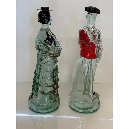 407 - Kitsch mid century glass ware, a pair of Bodegas Superior traditional Spanish figure bottles. Each 3... 