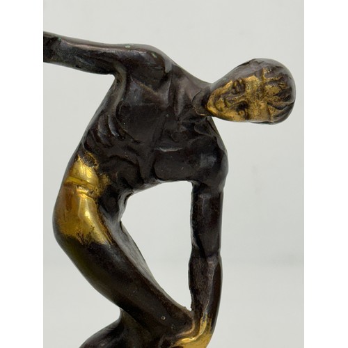 6 - A mid-century cast bronze classical figure of an Athlete, unsigned model of a discus thrower with hi... 