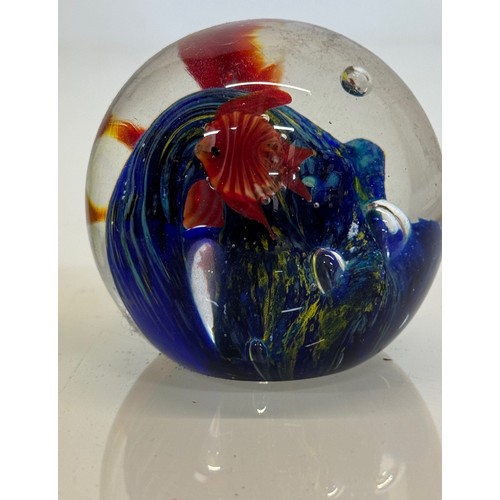 42 - Mid-century designer art glass, Murano,  glass ornamental paper weight tropical fish amongst blue ro... 