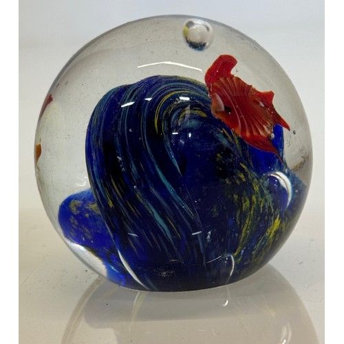 42 - Mid-century designer art glass, Murano,  glass ornamental paper weight tropical fish amongst blue ro... 